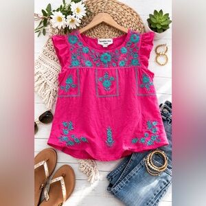 Savanna Jane Embroidered Boho Top Large Pink Ruffle Sleeve Floral Cotton Blouse